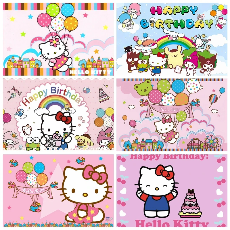 

Hello Kitty Girl's 1st Birthday Backdrops for Photography Baby Shower Portrait Party Background Photographic Photo Studio Props