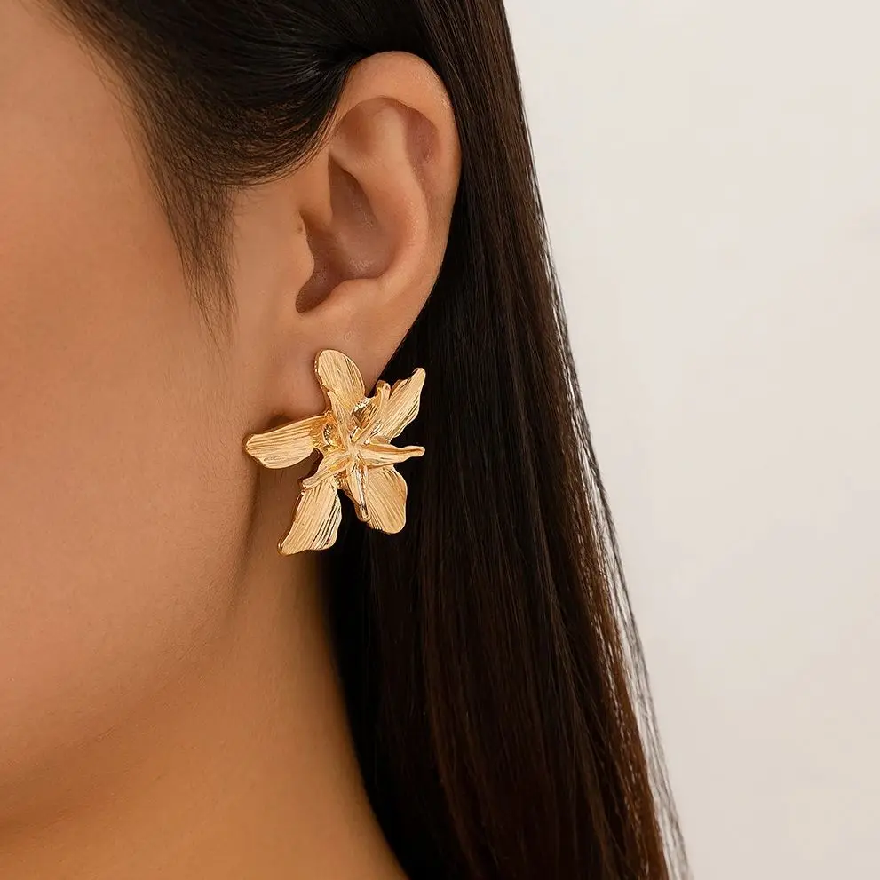 PuRui Trendy Vintage Double Layered Star Petal Flower Hoop Earrings Punk Geometric Piercing Earrings Fashion Jewelry Accessory