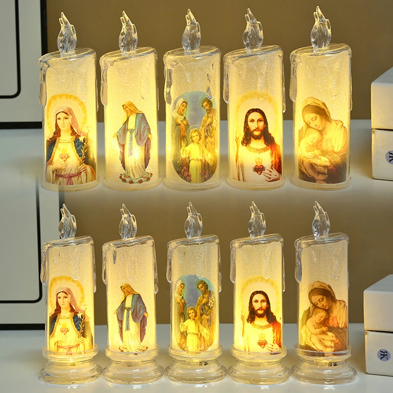 Jesus Virgin Christ Candle Lamp Romantic Flameless LED Prayer Candle Tea Light Religious Decorative Night Light Desktop Ornament