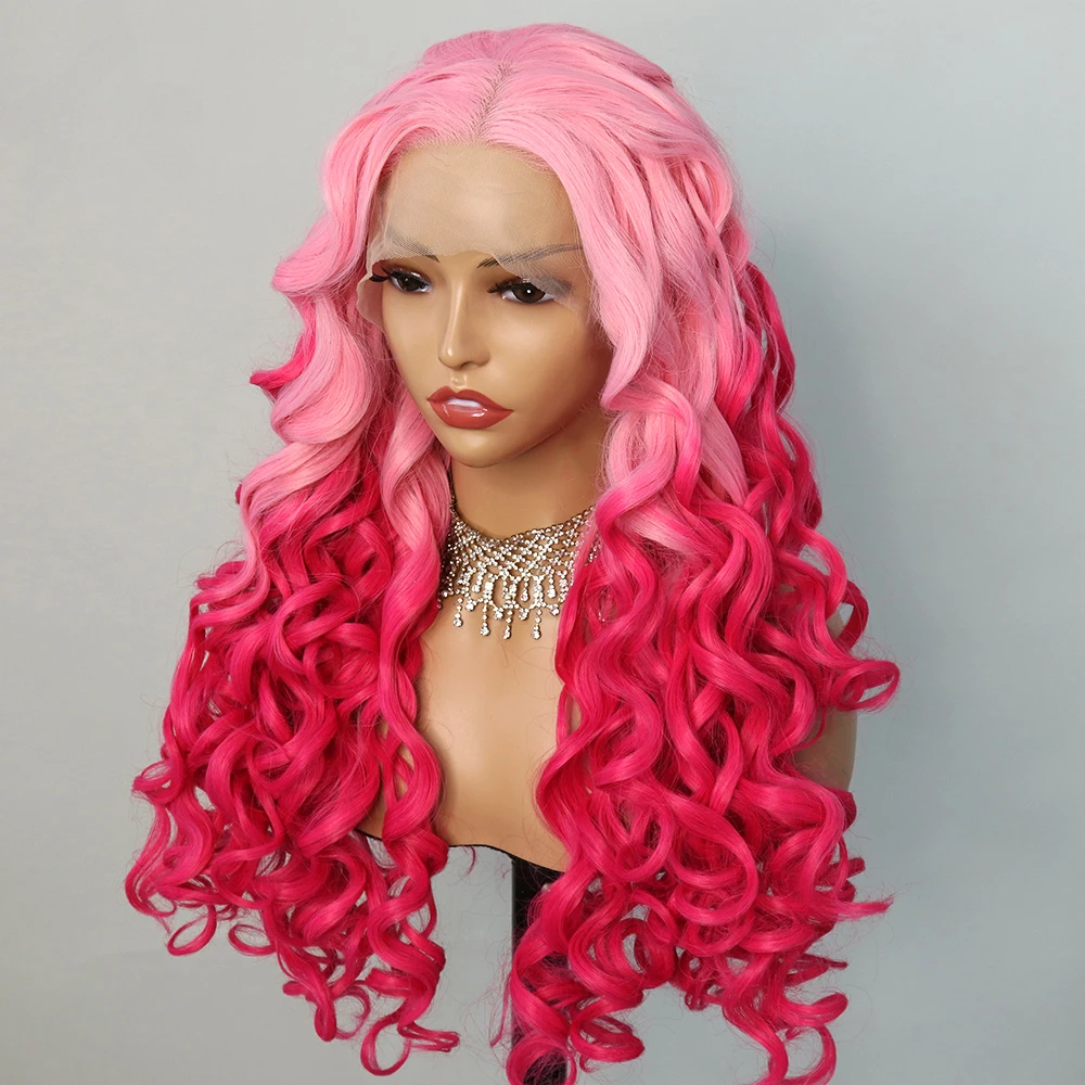 Ombre Pink Colored Synthetic High Temperature Fibe Lace Front Pre Plucked Glueless Body Wave Wigs