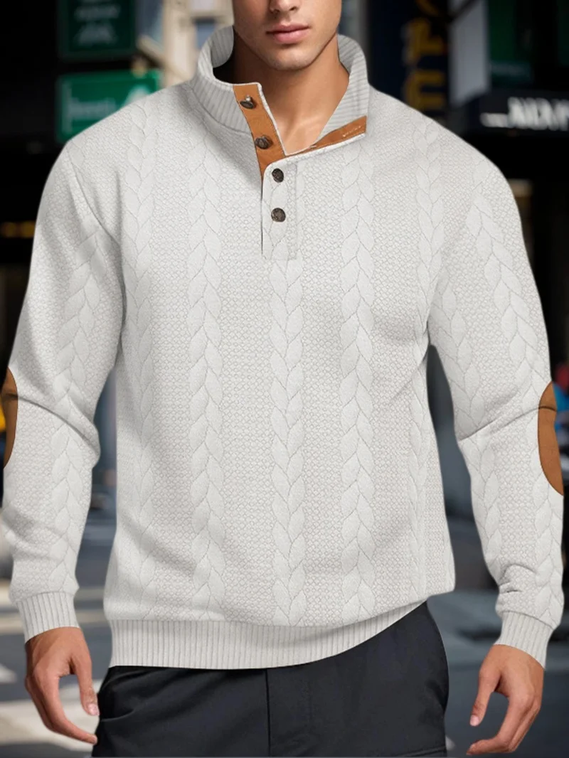 Suéteres de punto Jacquard para hombre, suéteres cálidos con cuello levantado y botones, sudadera informal de manga larga para exteriores