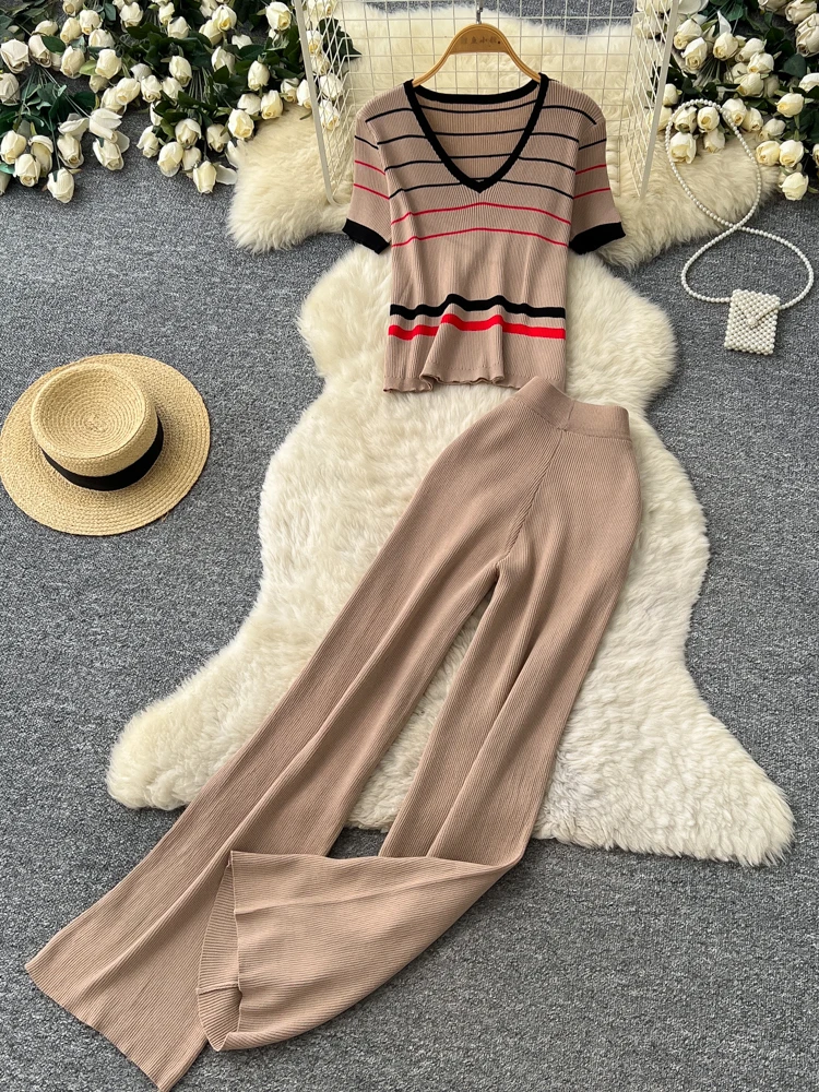 

Women's Slim Fit Striped Knitted Two-Piece Set Short Sleeve Top Wide Leg Pants Summer Casual Versatile Ensemble High Waist