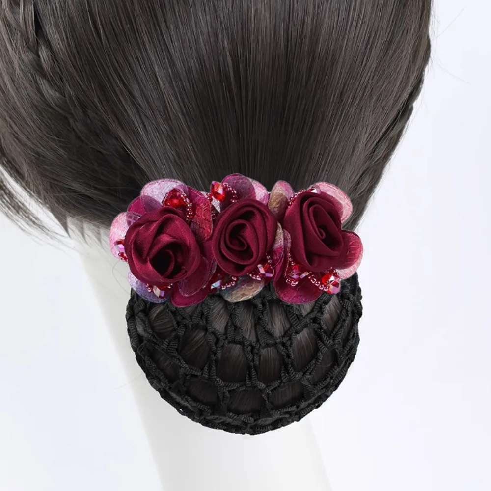 Updo Styling Tool Flower Hair Net Retro Style with Spring Clip Hair Bun Holder Elastic Net Professional Hair Net Dance Skating
