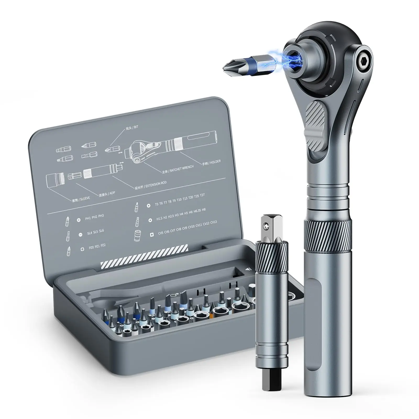 40 in 1 Magnetic Ratchet Screwdriver and Socket Set with Detachable 180° Ratchet Handle Extension Rod S2 Steel Bits CR-V Sockets