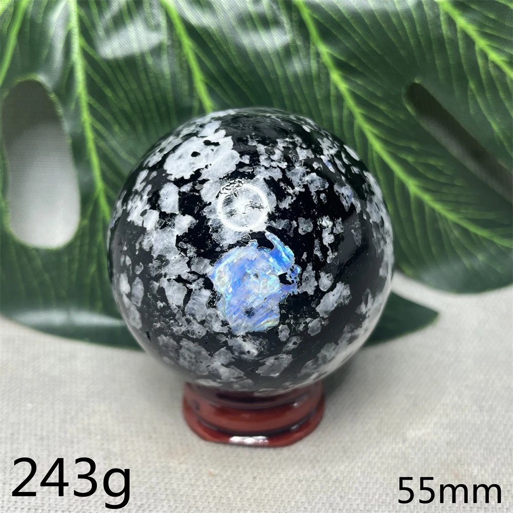 Natural Gemstone Ball Blue Shimmer Moonstone Black Tourmaline Symbiosis Home Room Spiritual FengShui Decorative Crystal Healing