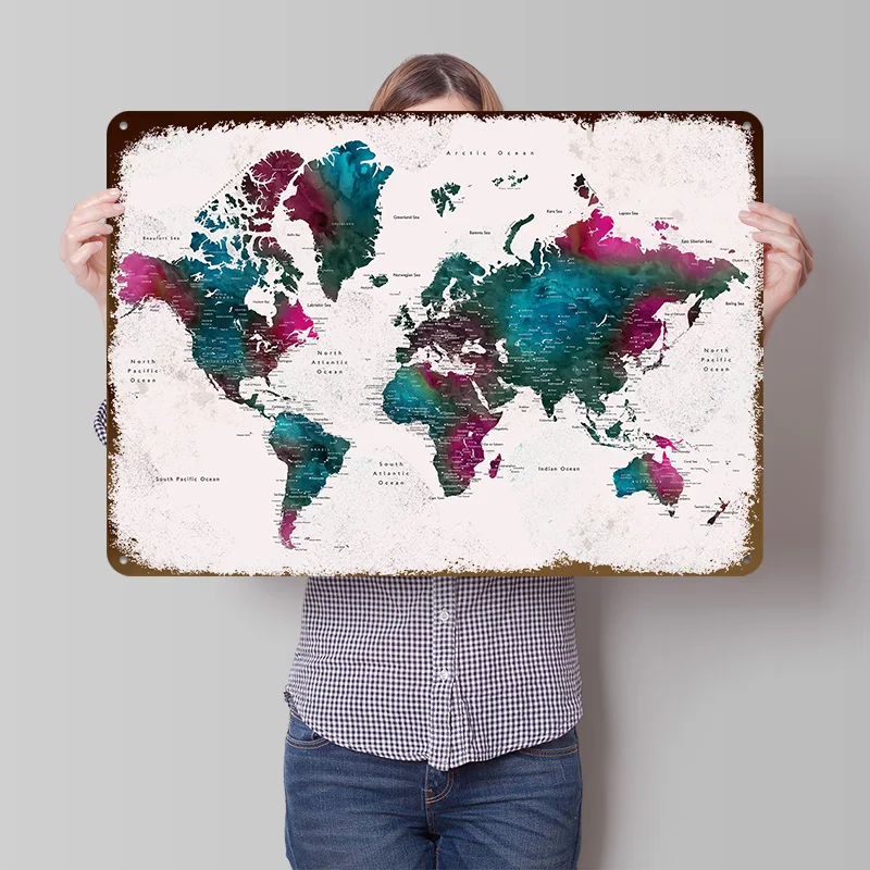 Detailed World Map Iskha Lightly 3D Poster Customized Vintage Metal Signs Wall Art Retro Tin Plaque for Gaming Decoration Room