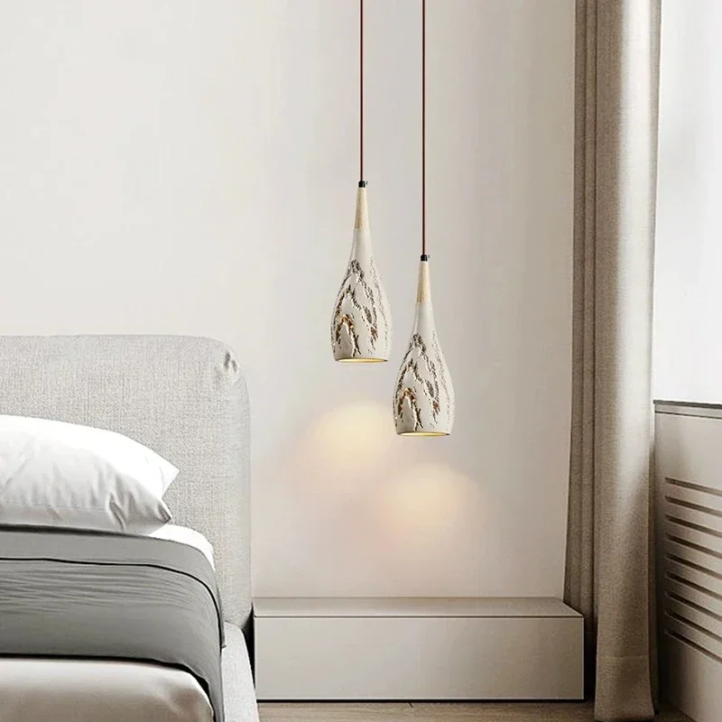 Imagem -02 - Wabi-sabi Estilo Quarto Bedside Pendant Lights Arte de Design Japonesa Cimento Amarelo Travertino Pendurado Lâmpada Linha Decoração para Casa