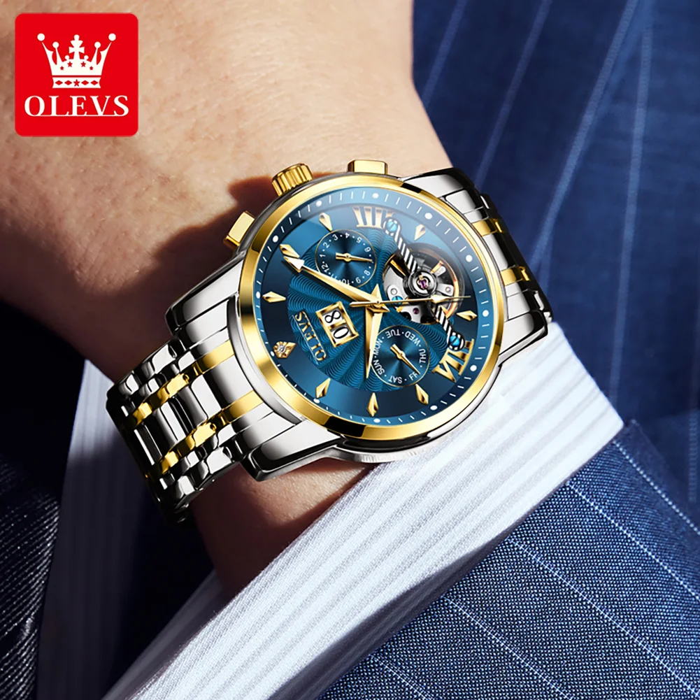 OLEVS Brand Fashion Blue Mechanical Watch for Men Stainless Steel Waterproof Luminous Calendar Luxury Tourbillon Watches Mens