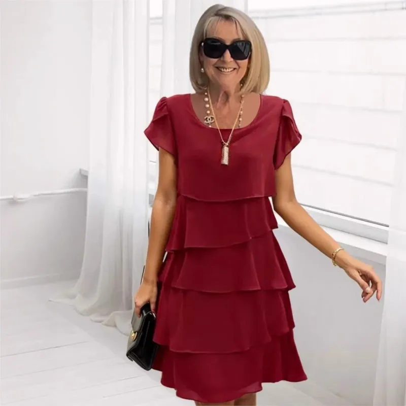 Vestido de chiffon feminino verão moda manga curta elegante o pescoço sólido festa irregular em camadas vestidos de manga pétala para mulher