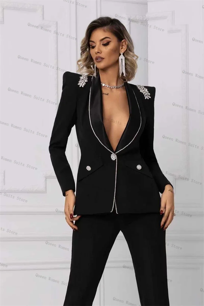 Crystals Black Women Suit Set 2 Piece Blazer Pants Trouser Formal Office Lady Jacket Cotton Wedding Bride Prom Coat Customized
