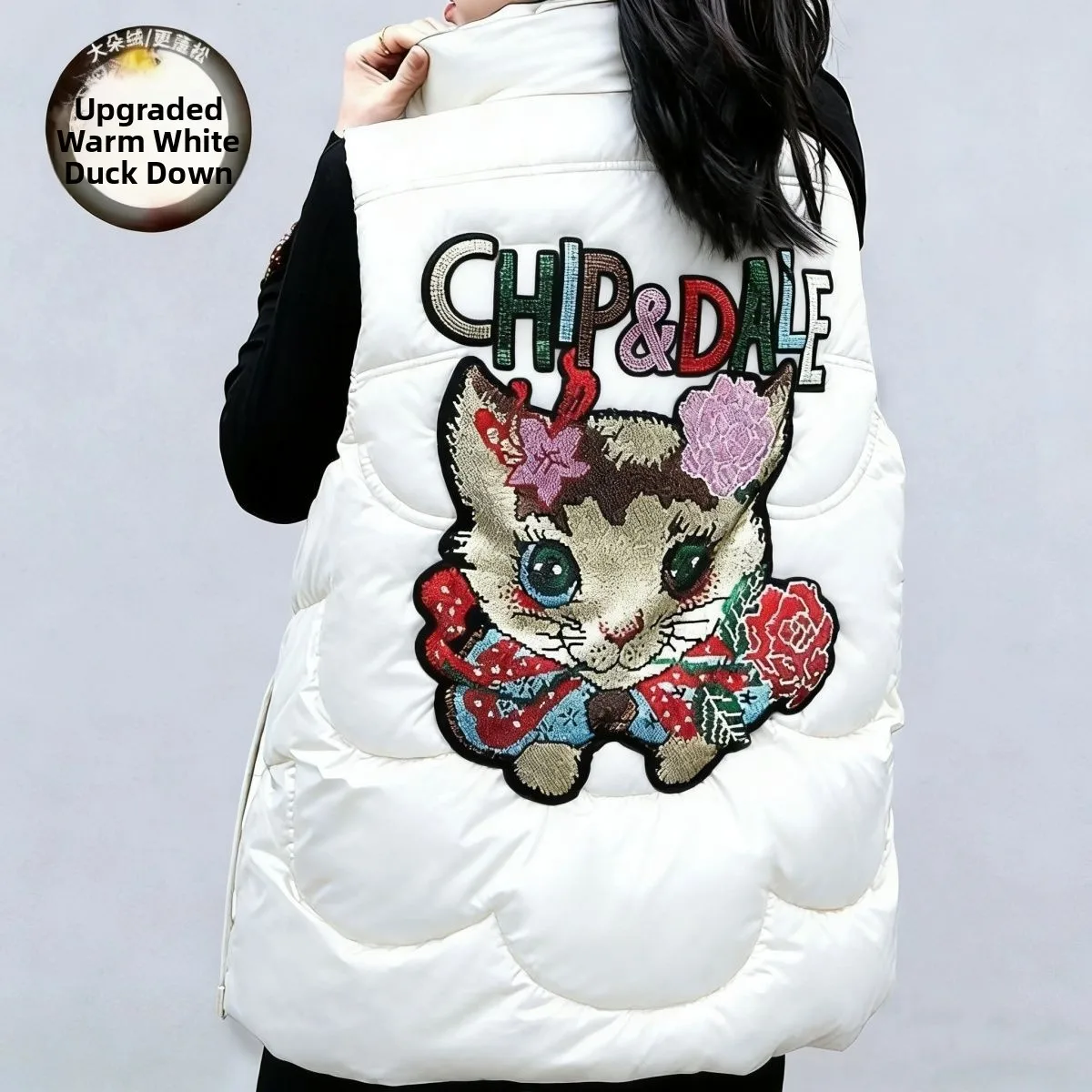 

Белый новый китайский утепленный жилет-пуховик с капюшоном, модный городской стиль, на молнии, однотонный