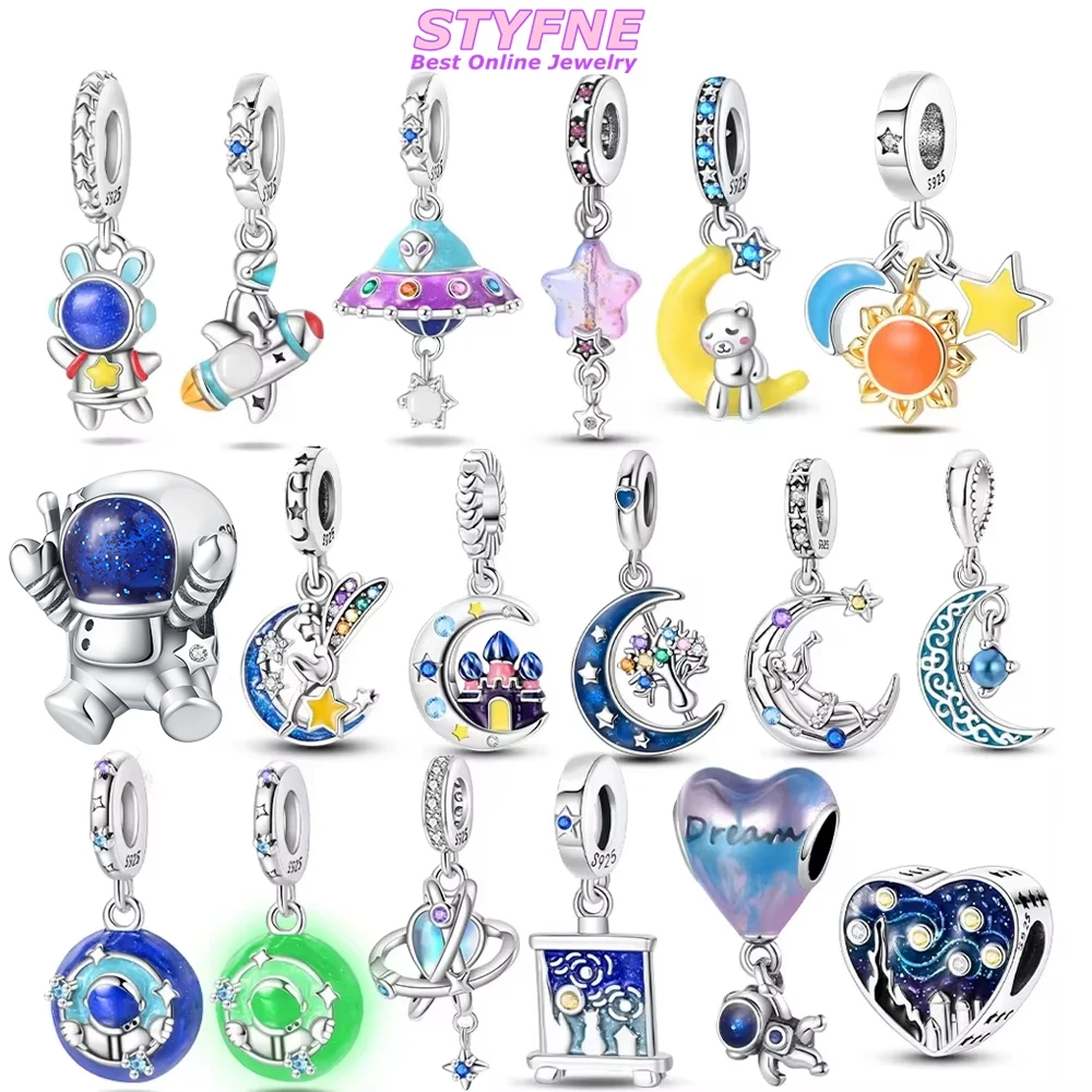 Original 925 Silver Space Charms, Astronaut Rocket Star Moon Planet Castle Zircon Beads Fit  Bracelet Jewelry Gifts for Women