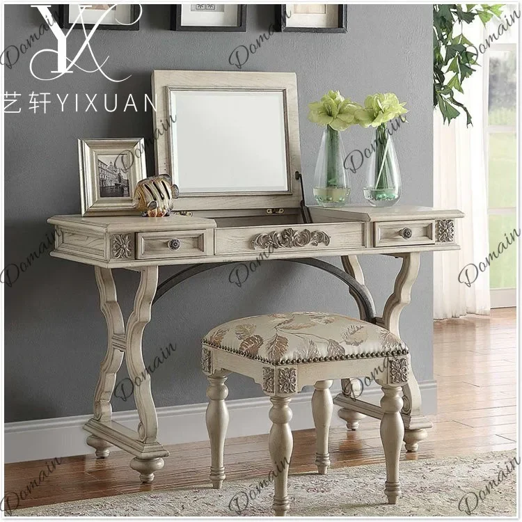 Th American Country Solid Wood Carved Dressing Table White Ash Small Space Vintage Flip Mirror Vanity