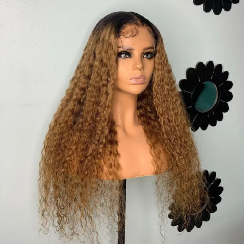 Soft  Preplucked 26Inch 180Density Ombre Blond Kinky Curly Long Lace Front Wig For Women With Baby Hair Glueless Daily