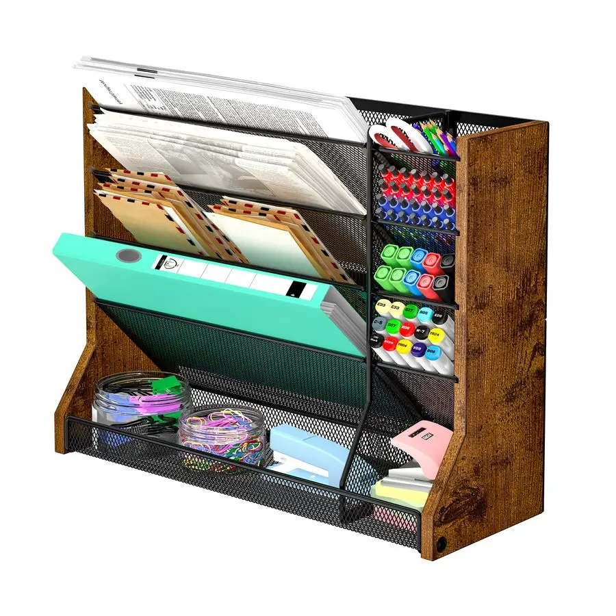 

Desk File Organizer 5 Tiers, Ironwood Hanging File Organizer with Rshaped Tray, Wall File Holder for Office Home, 4 PullOut Divi