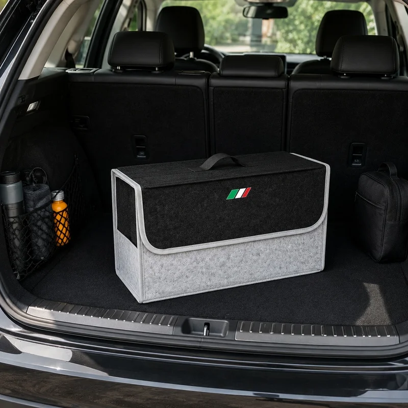 Boîte de rangement pour voiture en feutre tricolore italien 50×17×24cm, boîte de rangement pliable pour coffre de voiture avec couvercle, organisateur portable pour articles divers