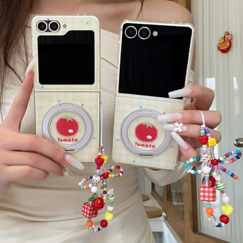 

Korean Cute Star Plaid Tomato Rotation Stand Phone Case For Samsung Galaxy Z Flip 7 6 5 4 3 Z Flip6 Flip7 Cover with Chain Cases