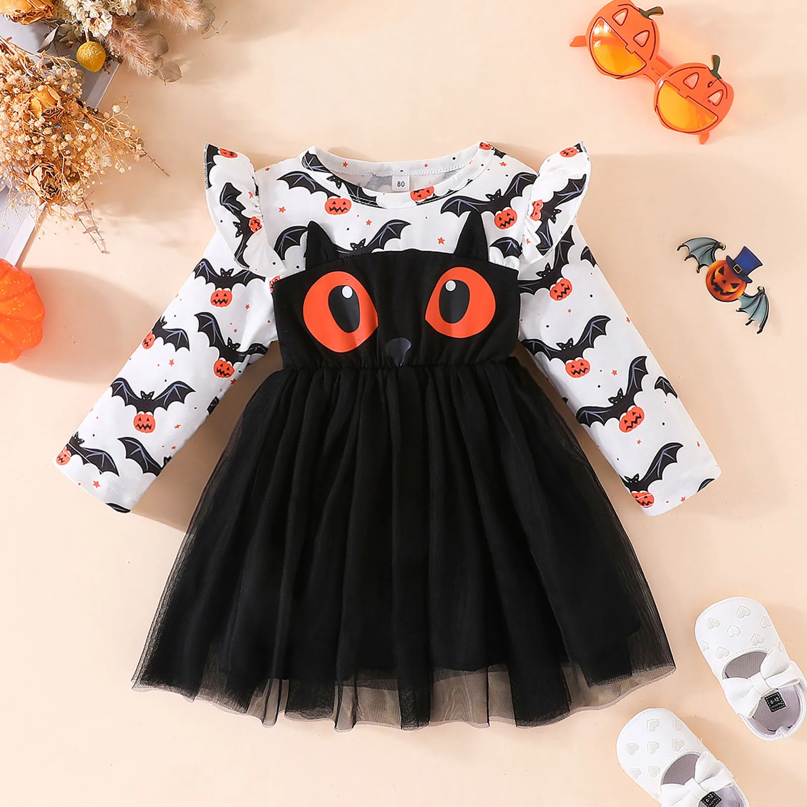 Toddler Baby Girls Halloween Clothes Long Sleeve Mesh Tulle Princess Dress Cartoon Prints Halloween Girls Dress 1 2 3 4 5 Years