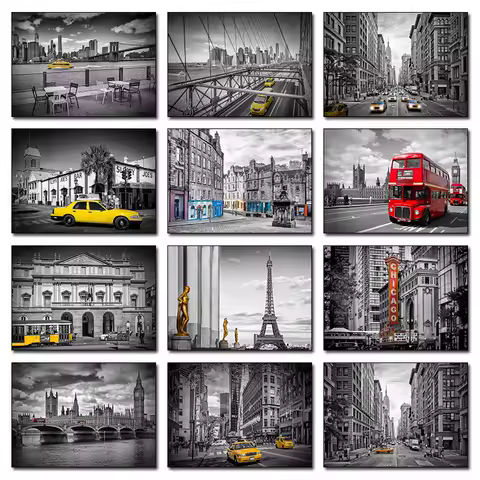 Yellow Traffic Red Telephone Box Posters Canvas Painting Print Modern City Landscape Wall Art Pictures Poster Living Room Decor