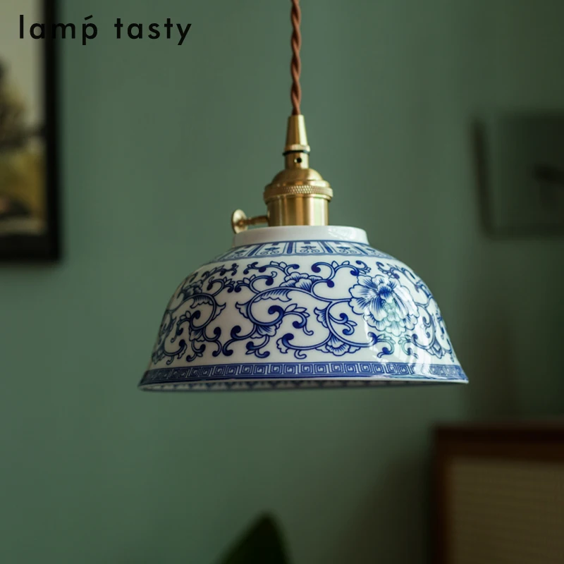 

Chinese retro tea room blue white porcelain pendant light homestay balcony tea table restaurant kitchen bedside pendant light