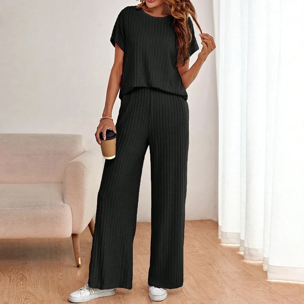 2024MNEW Women Knitted Top & Wide Leg Pants O-Neck Simple Knitted Top Trouser Suit Pullover Solid Color Ladies Casual Outfits