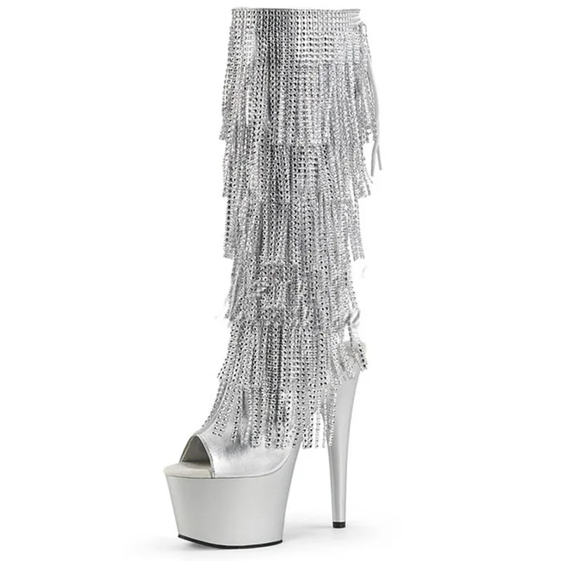 

Hentiangao high-heeled 17cm rhinestone waterproof platform knee-high tassel boots stiletto nightclub catwalk non-slip boots