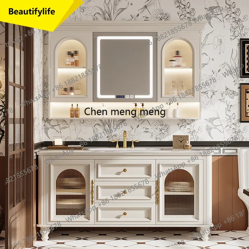 

6239 Oak French retro bathroom cabinet combination washstand floor-to-ceiling wash basin cabinet luxury stone