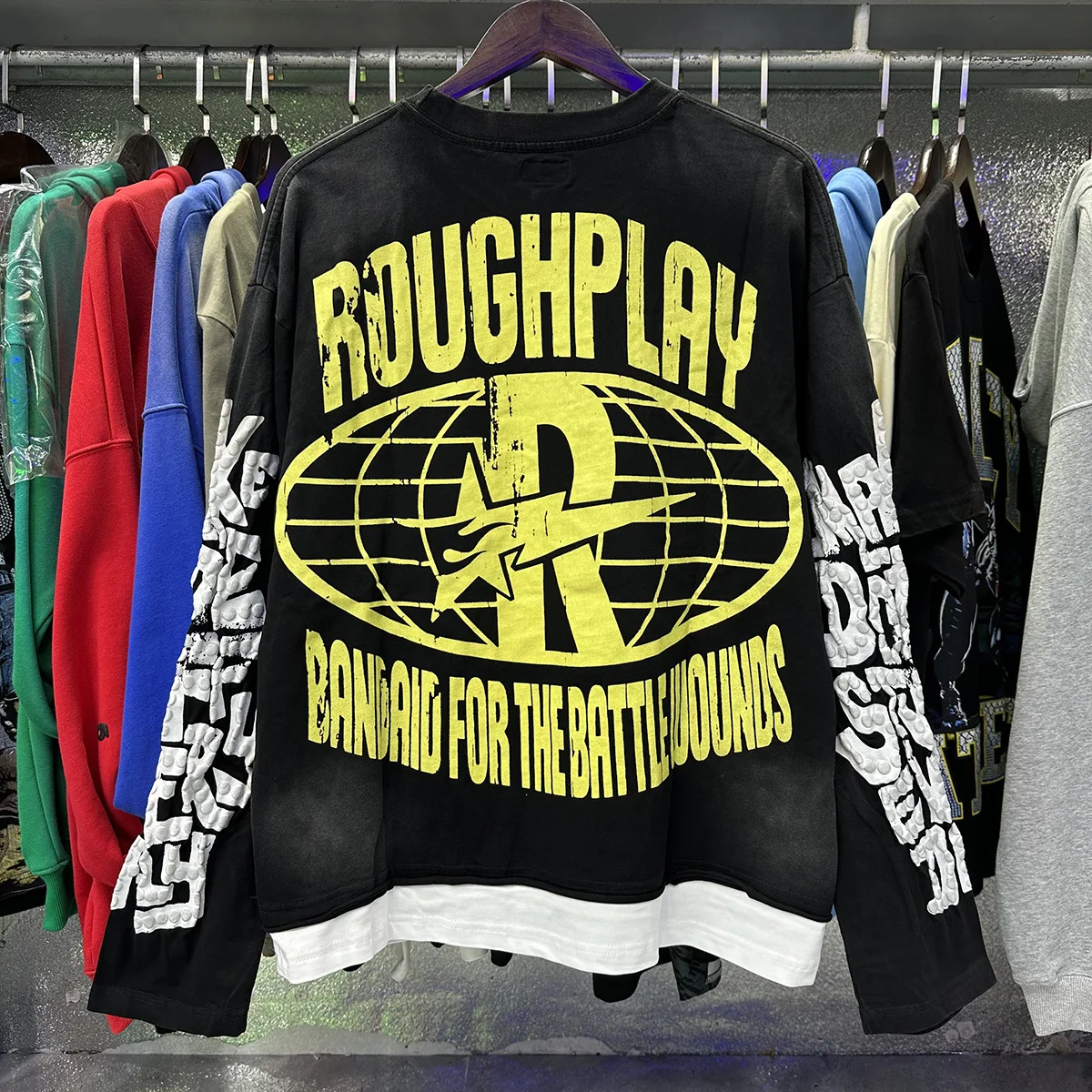 Rough Play Retro Skeleton Print Cotton Long Sleeve T-Shirt Washed Patchwork Hole Youth Trendy Brand Street Style Citywalk