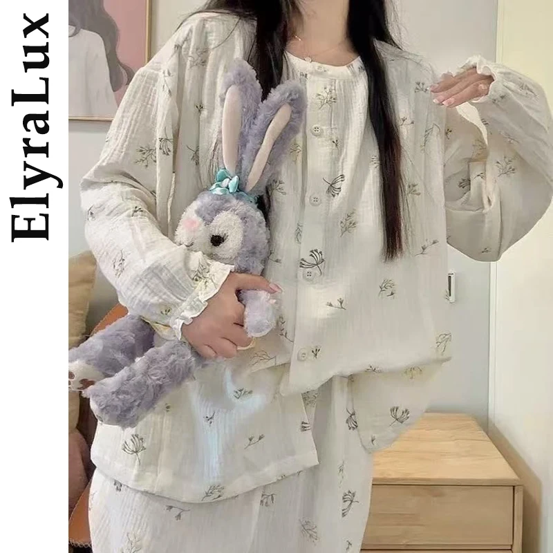 

ElyraLux Flroal Sleepwear Women Pajama Sets Ruffles Pijama Long Sleeve Pants Sets 2 Pieces O-neck Night Wears Korean Autumn Suit