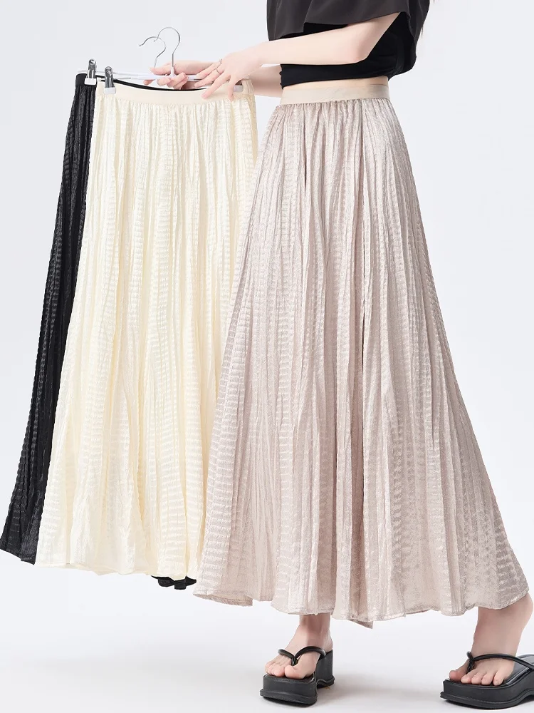 

Summer High Waist A-Line Skirt Women's Satin Pleated Half-length Soft Comfortable Korean Style Commute Soft Fabric CityWalk C...