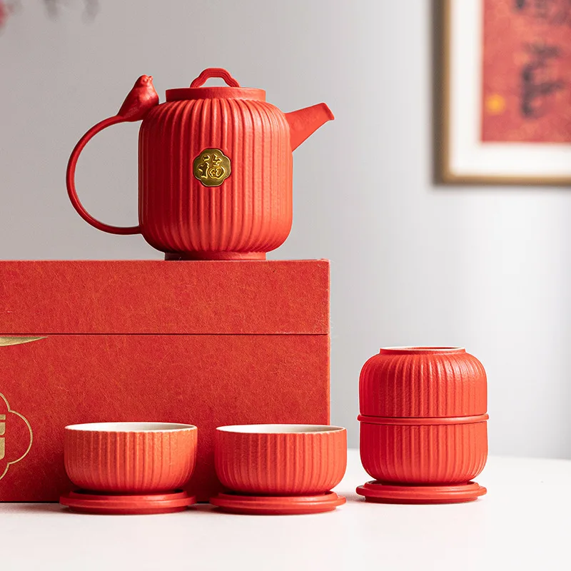 Newlywed Tea Set Festive Fu Character Gift Box Exquisite Wedding Souvenir for Newlyweds Red Ceramic Tea Set