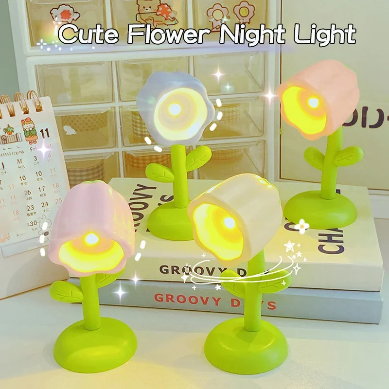 Mini Flower LED Night Light Xmas Gift For Kids Bedroom Decor Bedside Lamp Magnetic Base Warm White Button Cell Powered