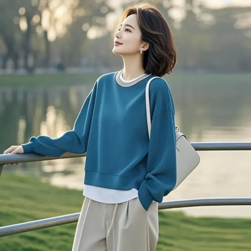 Women Fake Two Piece Color Block Crew Neck Sweatshirt Short Layered Casual Autumn Winter Pullover Top