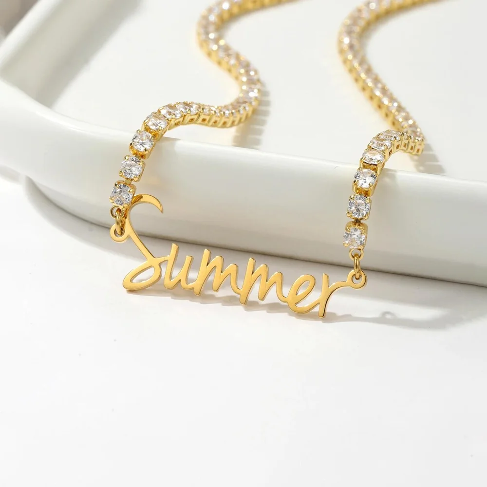 Haiyufly Custom Name Necklace for Women Personalized Zircon Iced Out Chain Stainless Steel Jewelry Stone Tennis Choker Gift