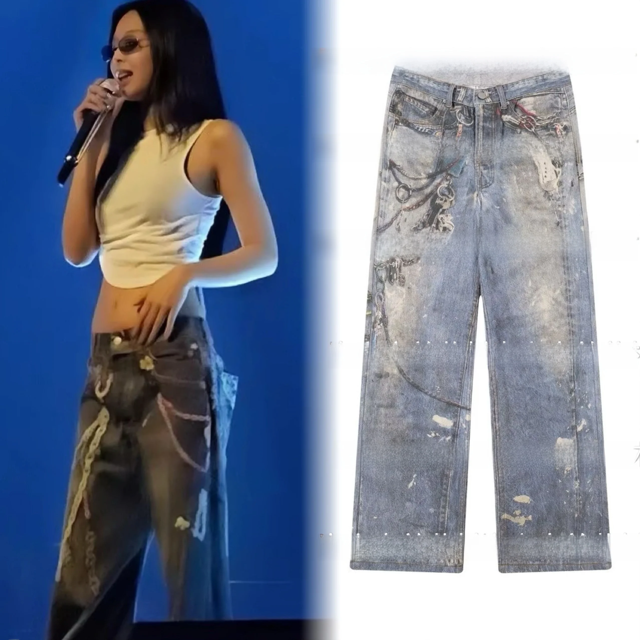 

Джинсы Jennie Loose Graffiti: модный комплект для танцев, прямые длинные брюки, этнический костюм для женщин