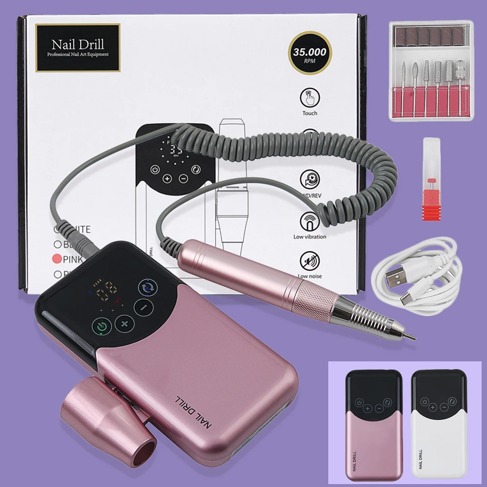 Profesjonalna bezrdzeniowa wiertarka do paznokci akumulatorowa elektryczna pilnik do paznokci 35000 obr./min do domowego salonu manicure i pedicure