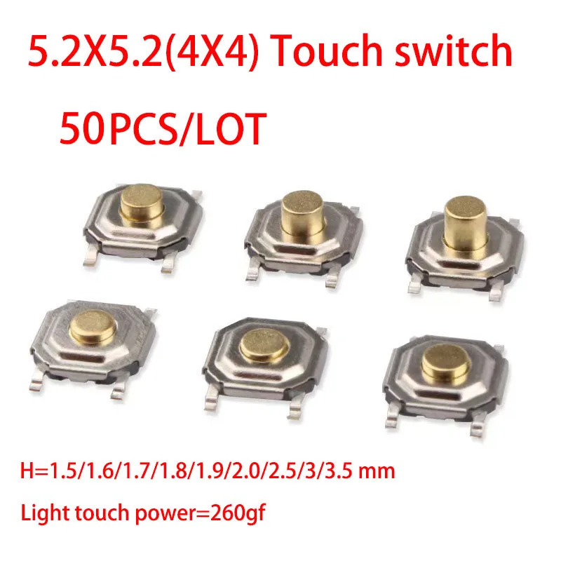 50 SZTUK/PARTIA 5.2*5.2*1.5/1.6/1.7/1.8/1.9/2.0/2.5/3/3.5mm 4*4*1.5 SMD Przycisk Tactile Tact Push Button Micro Switch 4-pinowy