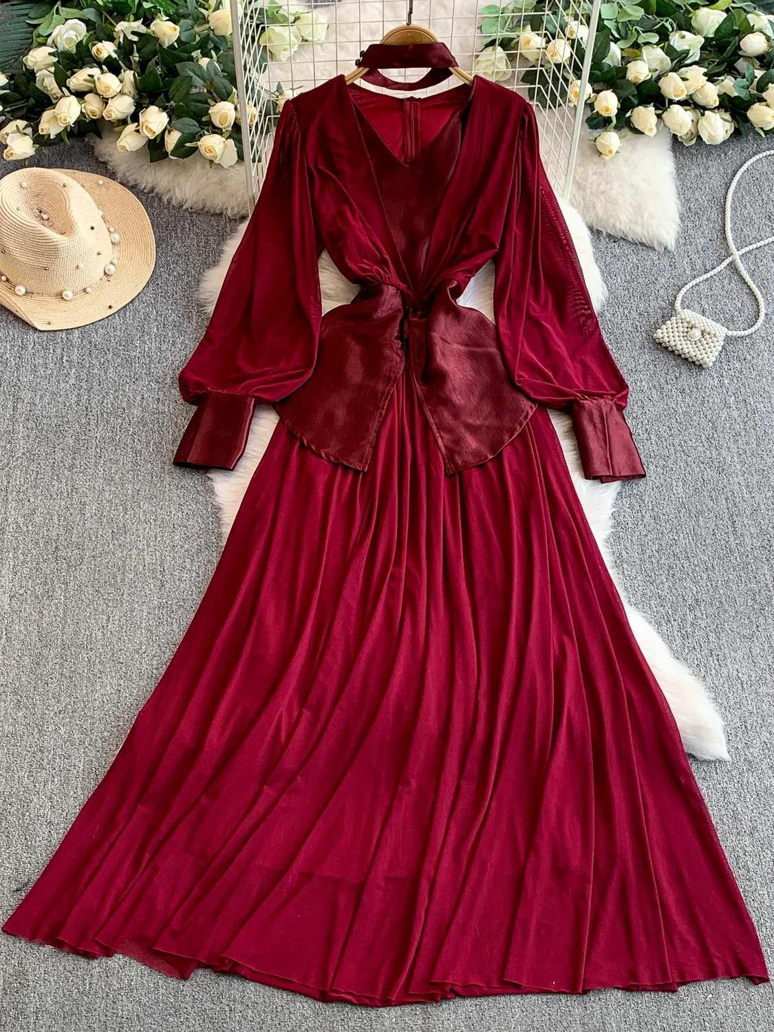 Ele Satin V-Ne Hanging Ne Long Dr Women's Slimming Drapey Skirt European Sle Splicing High Waist A-Line Dr