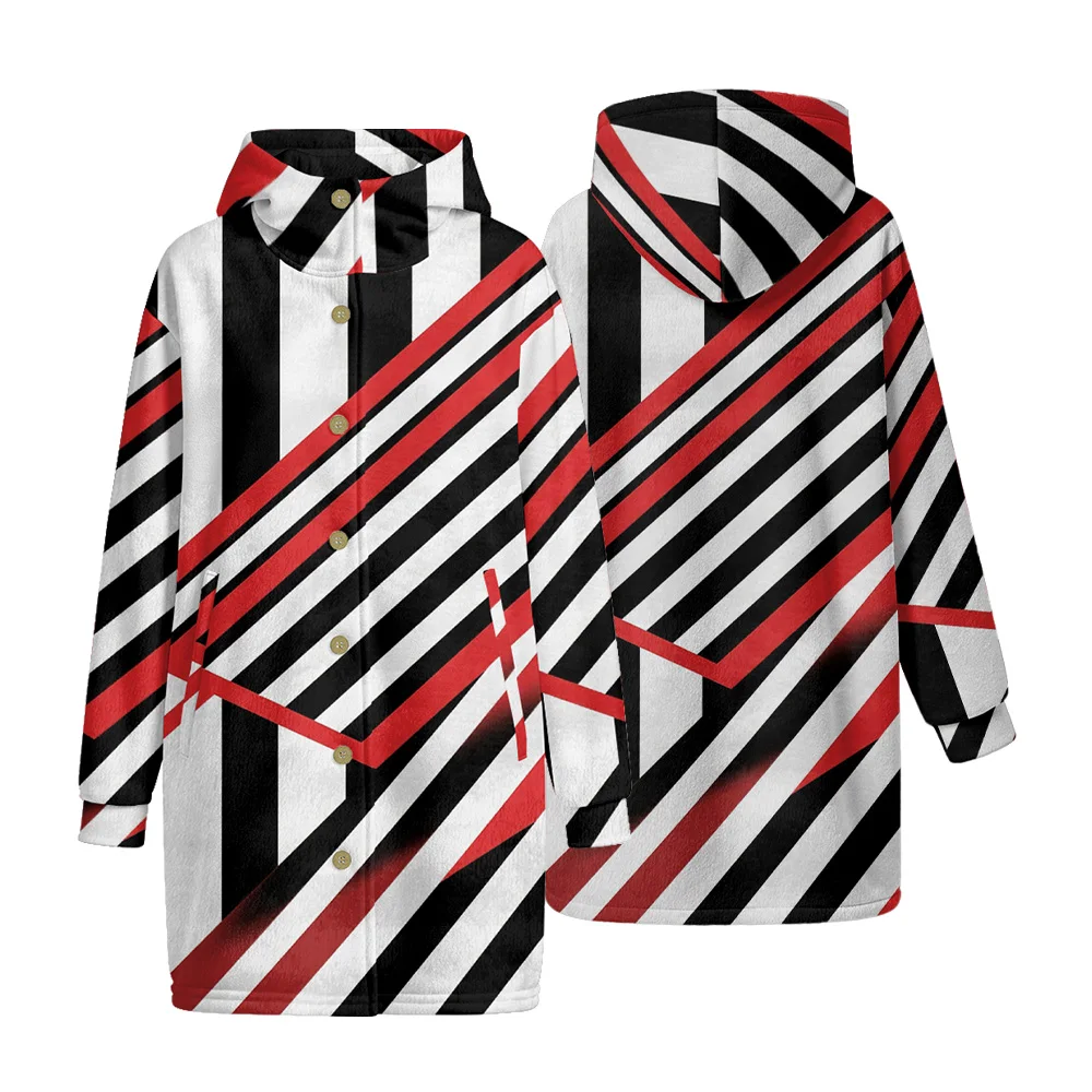 Unisex Geometric Print Hooded Trench Long Coat with Bold Slanting Stripes Buttons Abstract Pattern Jacket for Streetwear Fashion