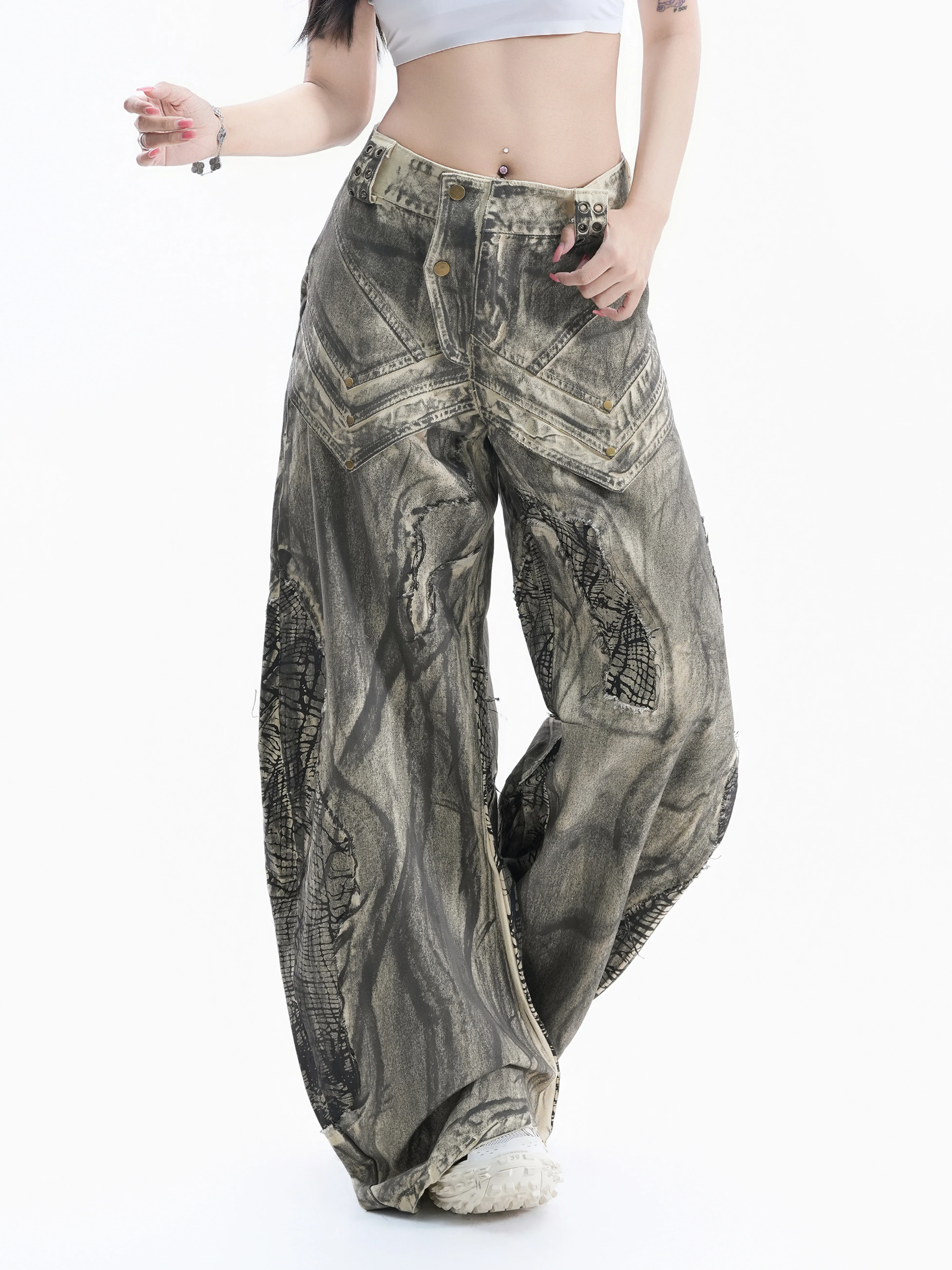American Retro Distressed Wide Leg Denim Jeans Women Asymmetrical Waist Metal Buckle Long Pants Cotton Loose Fit Spring