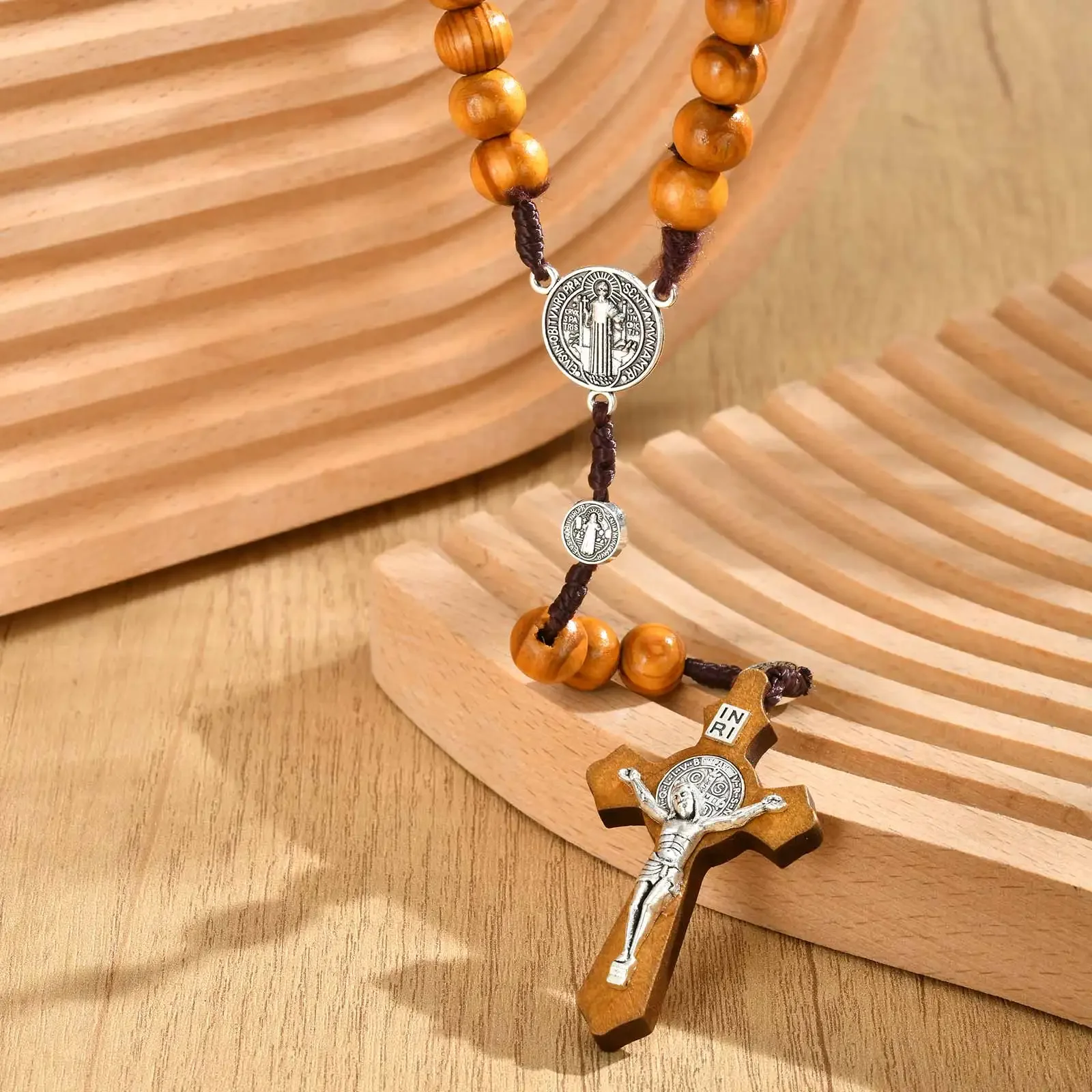 Vintage Wood Beads Cross Jesus Pendant Necklace, Stainless Steel Saint Benedict Long Chain Religion Prayer Jewelry for Women Men