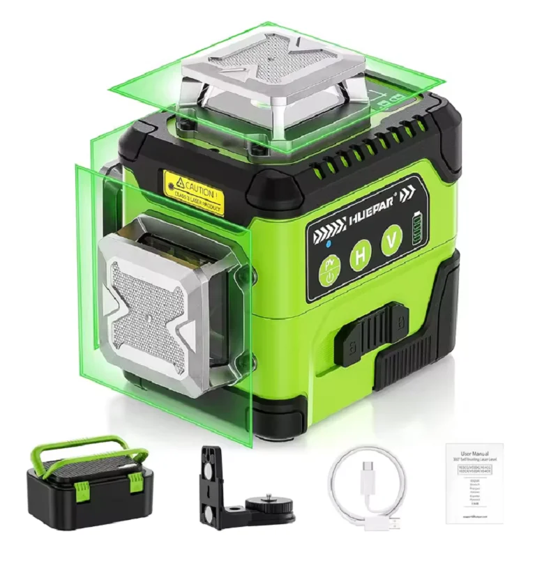 Huepar Y03CG 3D Cross Line Laser Level Self-leveling Green Laser Tool With LCD Display & Li-ion Battery & Pulse Mode & Hard Case