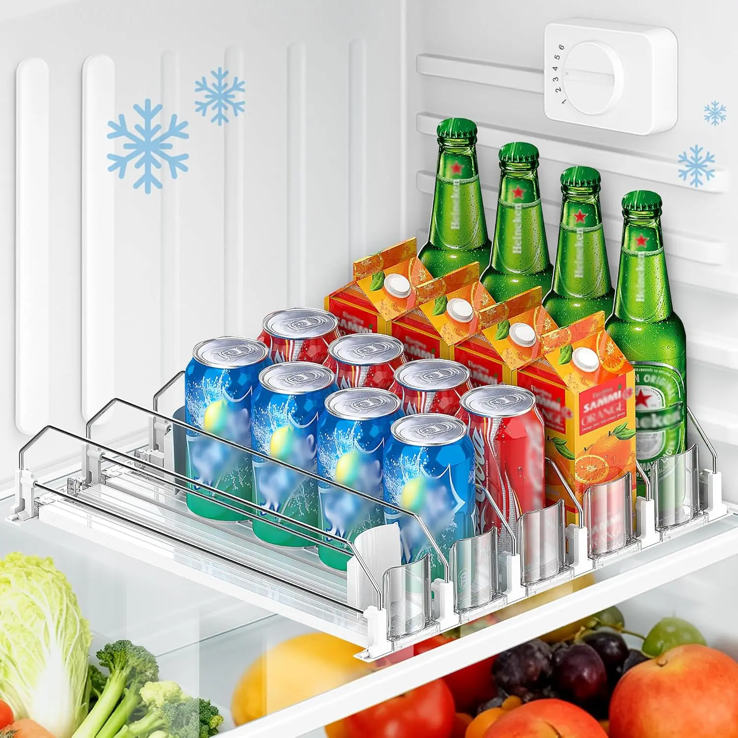

Fridge Drink Organizer Holds 20 Cans, Adjustable Width, Auto Pusher