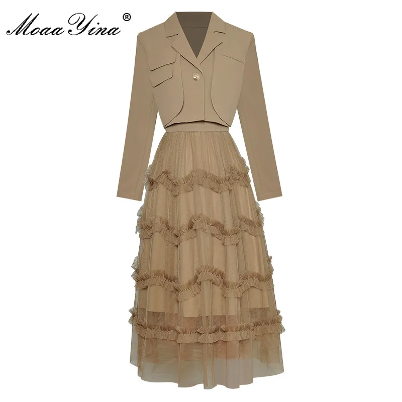 

MoaaYina Fashion Designer Summer Skirts Suit Women's Blazer Tops and solid Patchwork Mesh Vintage Skirts Two Pieces Set