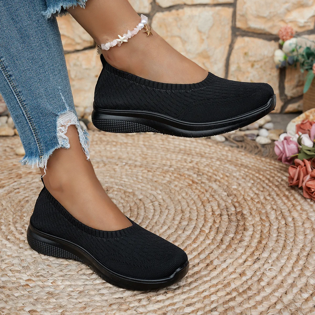 Hohlstrick-Slip-On-Keilsneaker für Damen, atmungsaktiv, rutschfest, weiche Kissensohle, für den täglichen Gebrauch, lässige Mutter-Schuhe – Detail 1