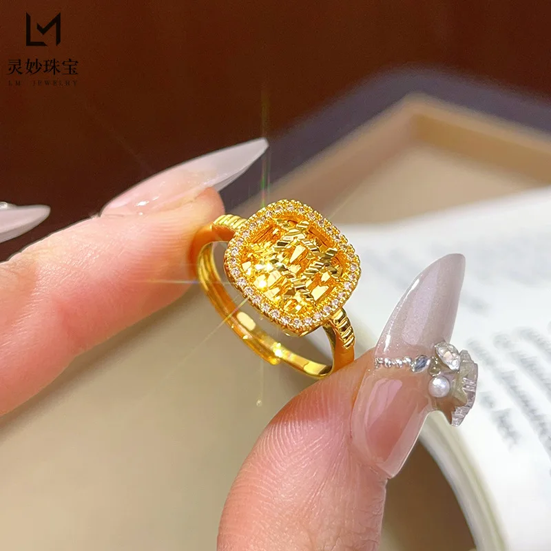 

9999 24K real gold luxury jewelry hollow sugar cube ring brushed open finger ring temperament versatile gift for girlfriend