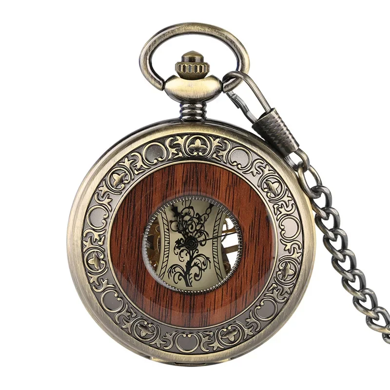 Vintage Wood Case Mechanical Pocket Watch Roman Numerals Display Handwinding Clock Pendant Chain Women Men Gifts