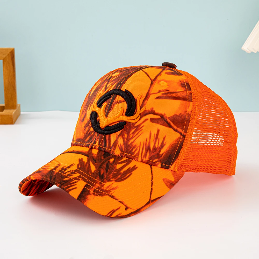 Outdoor Camouflage Deer Antler Embroidered Mesh Truck Hat Leaf Print Embroidery Breathable Baseball Cap for Hunting