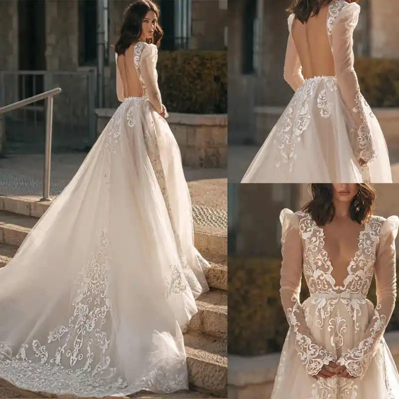 Une ligne robes de mariée col en V profond dentelle Appliques à manches longues robes de mariée Sexy dos nu robe de mariée personnalisée
