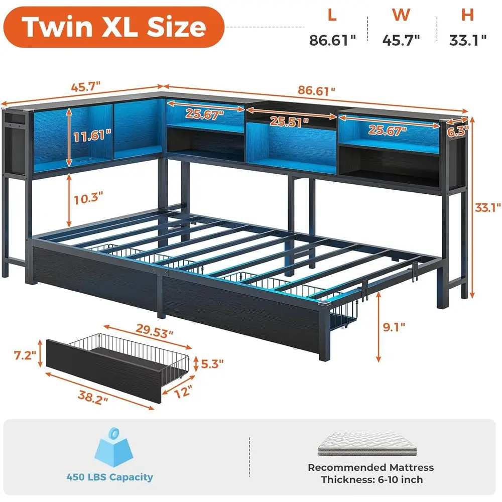 DICTAC Twin XL Bed e with Bookcase Storage and Led Lights Metal Platorm Bed e with 2 Ders & Charging Station Twin XL Daybed or K view 3